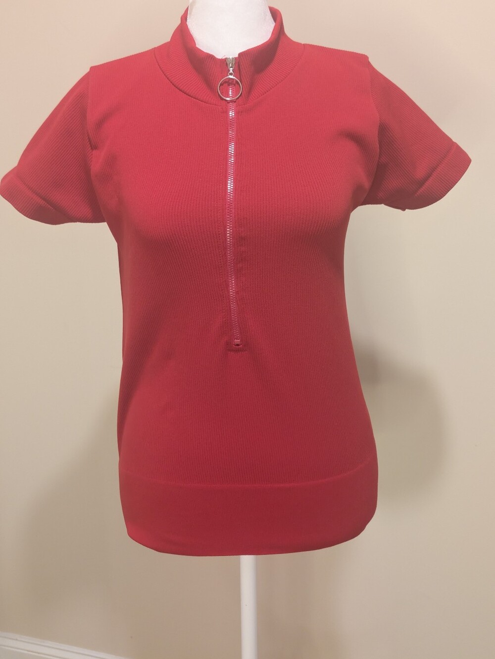 Soho Apparel Red Ribbed Short Sleeve Zip  High Collar Top